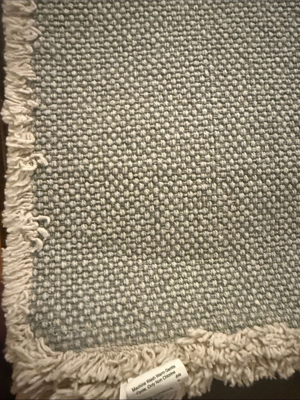 Pottery Barn Gray Woven with Cream colored Fringe Trim Table Runner